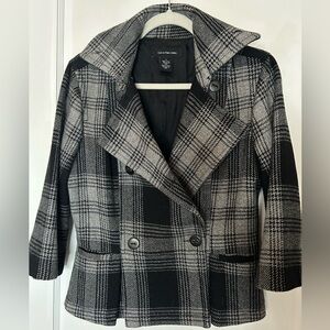 Calvin Klein Jeans Wool-Blend Plaid Peacoat Belted Cropped 3/4 Sleeves Women’s M
